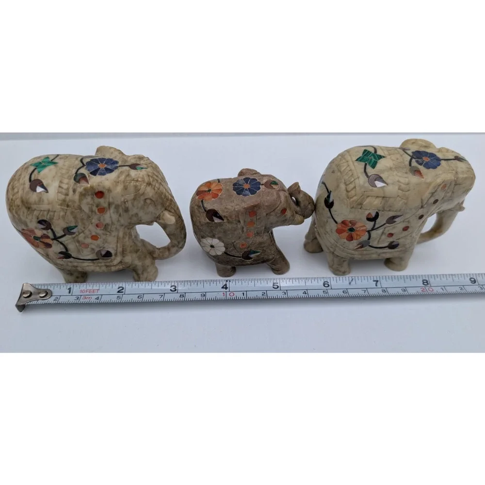 Set of 3 Inlaid Stone Marble (?) Elephants Floral Figurine Lot